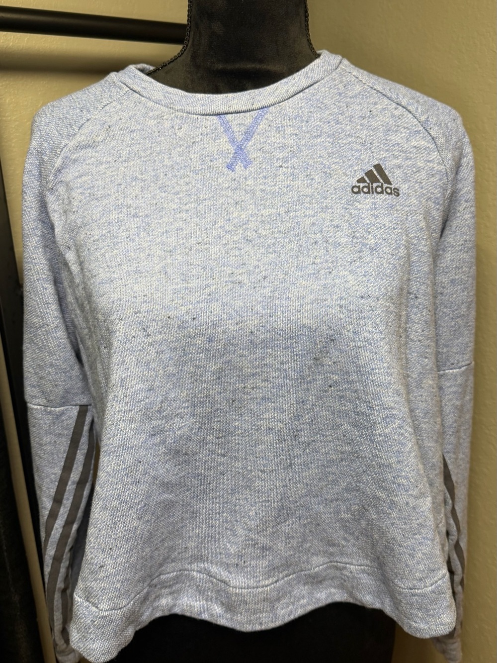 adidas Women's Heather Light Blue Crew Sweatshirt with Logo and Sleeve Stripes L